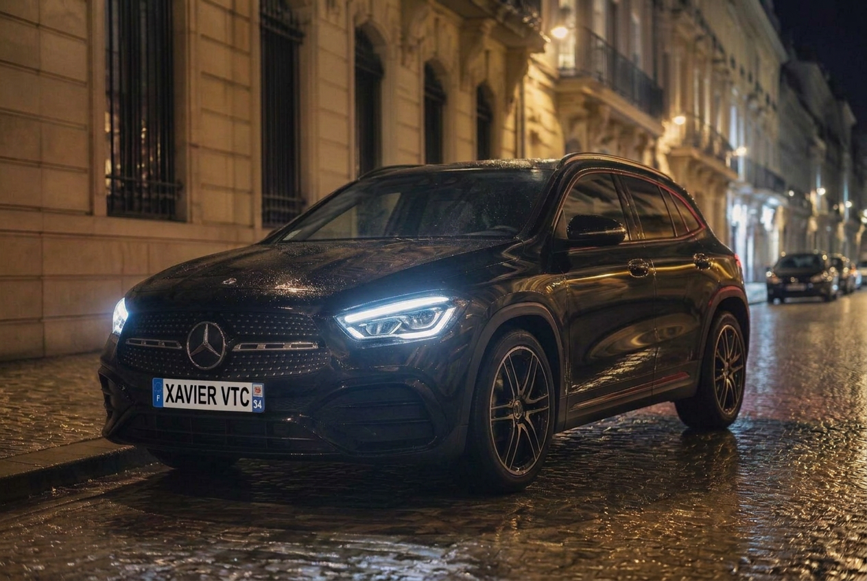 Mercedes GLA 250e noire de Xavier VTC stationnée dans une rue de Montpellier la nuit