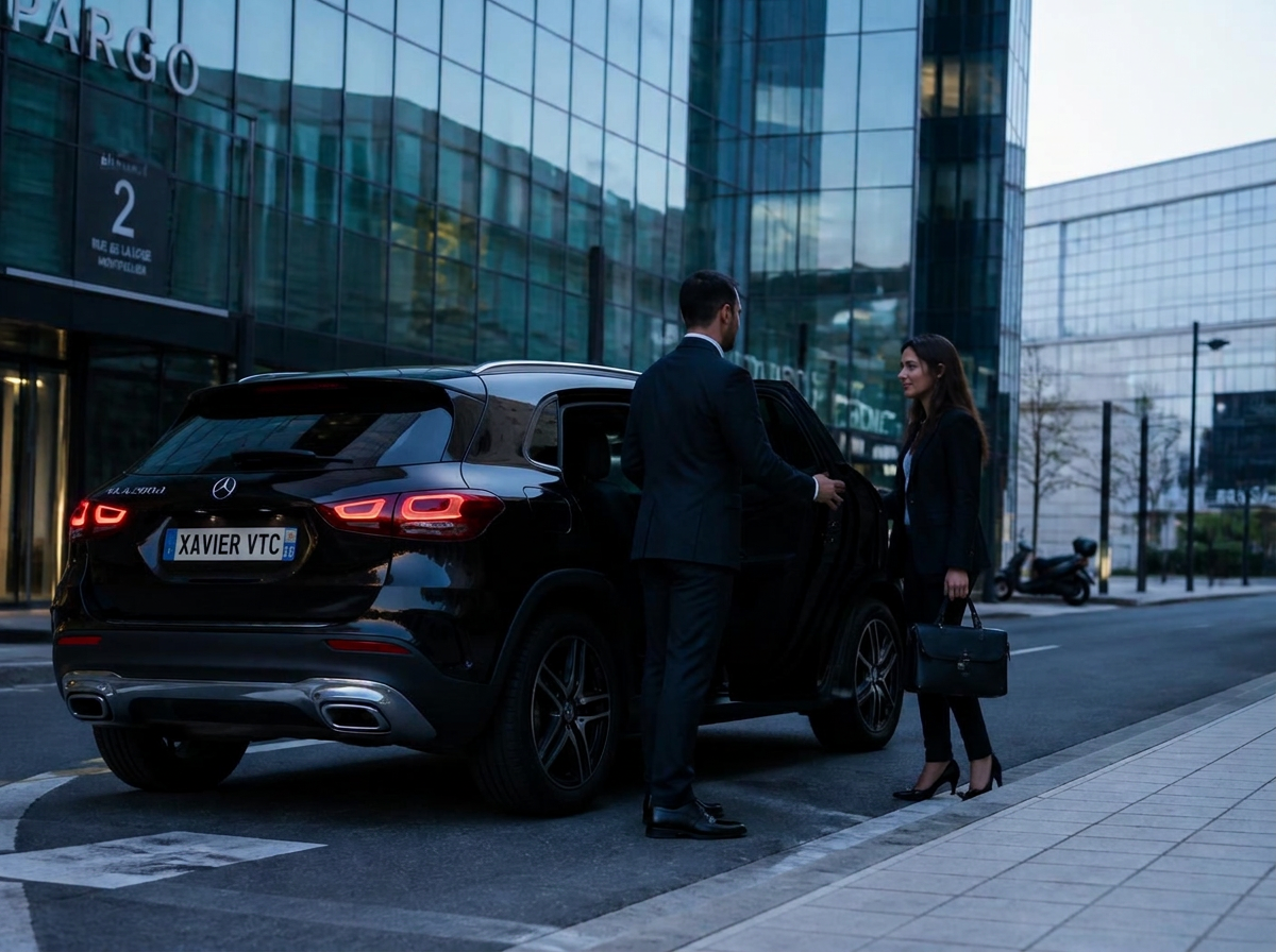 Chauffeur privé Xavier VTC ouvrant la portière de la Mercedes GLA 250e pour un client d’affaires à Montpellier