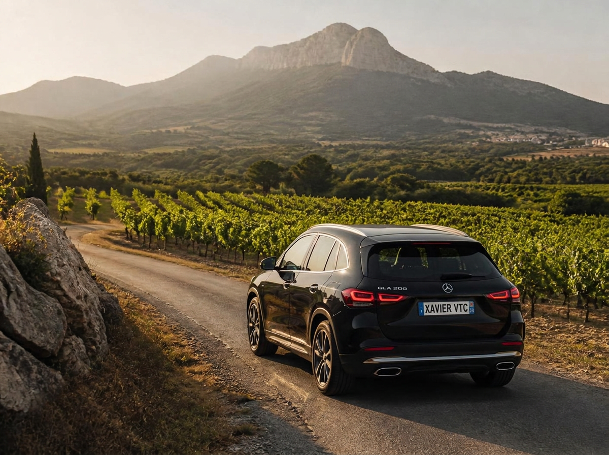 Mercedes GLA 250e de Xavier VTC en excursion dans les vignobles du Pic Saint-Loup en Occitanie