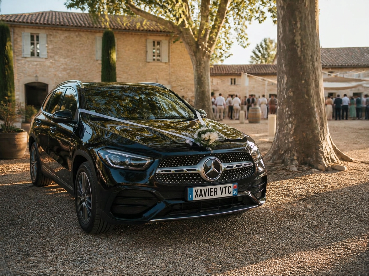 Mercedes GLA 250e décorée pour un mariage devant un domaine viticole de l’Hérault