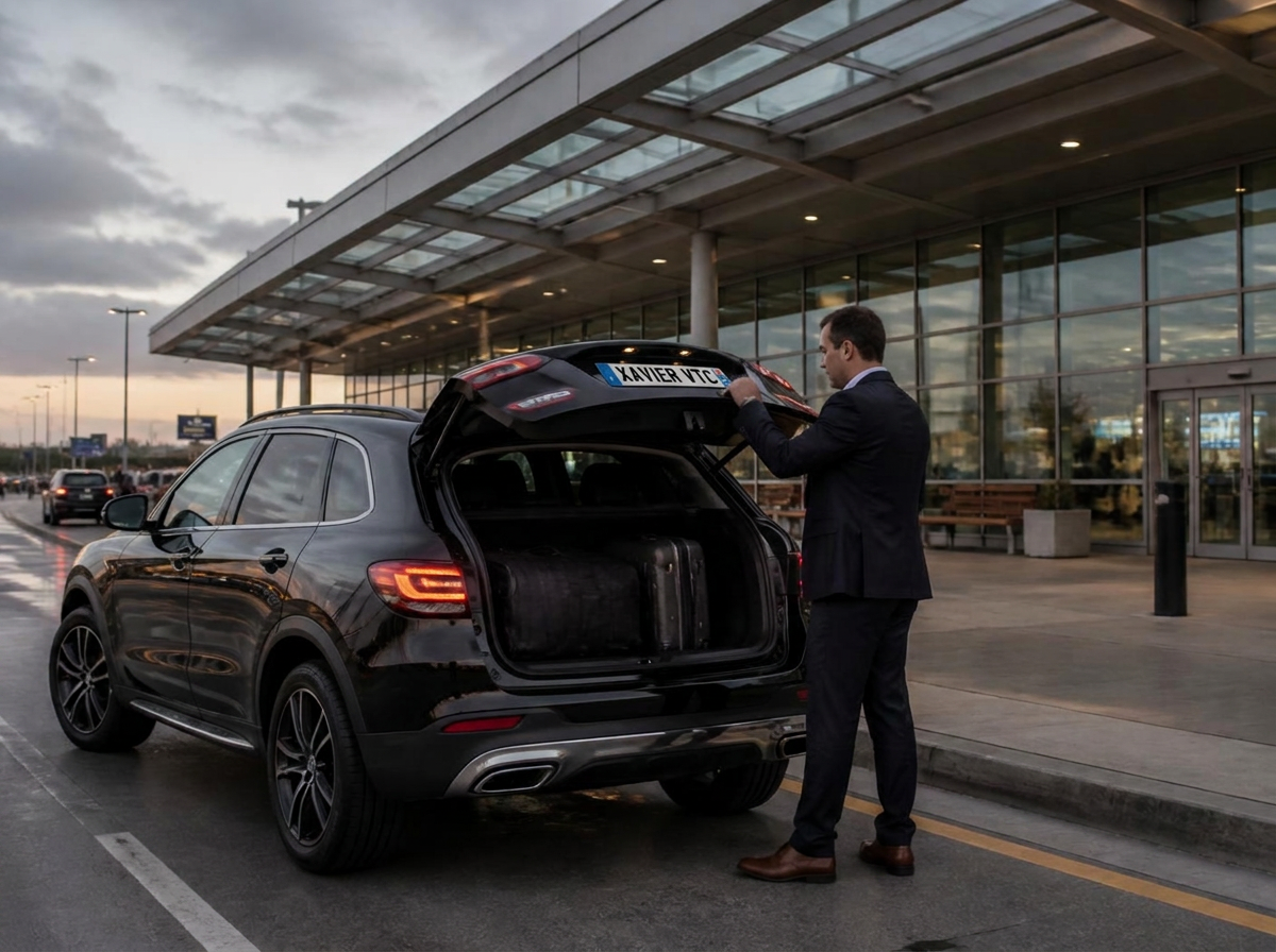 Mercedes GLA 250e noire de Xavier VTC devant l’aéroport Montpellier Méditerranée